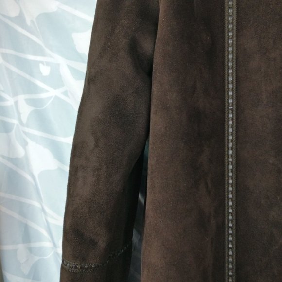 Hooded Natural Suede Full Long Coat with pleather trims and pockets, Brown sz.14 - Picture 7 of 12